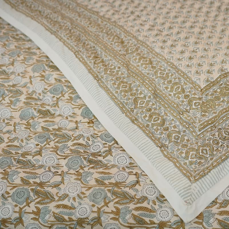 Fabdivine Cotton Quilt HandBlock Printed Vegetable Dye Brown Floral Sustainable EcoFriendly Reversible Bedspread Artisan Bedding - 95" X 108" - Brown,  Blue
