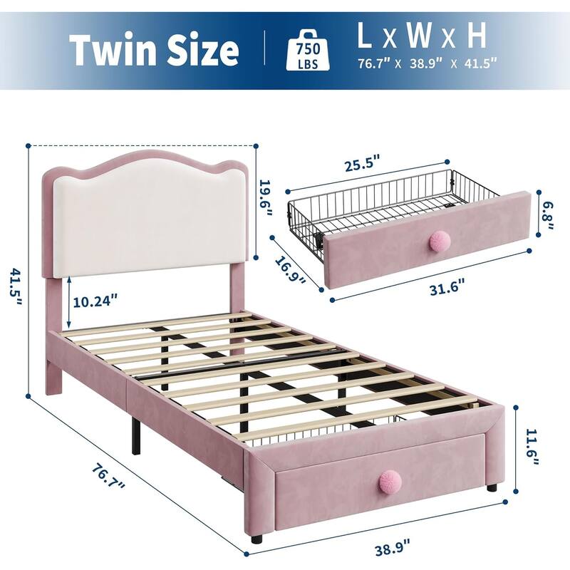 Upholstered Bed Frame for Kids with Storage Drawer and Scallop Headboard, No Box Spring Needed