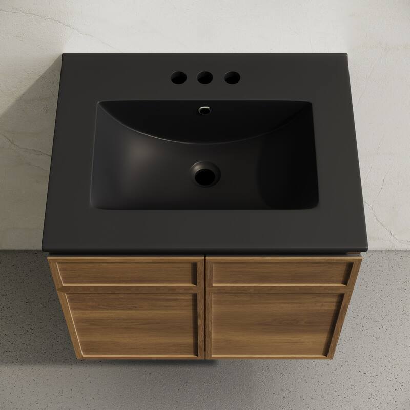 St. Tropez 24" Wall-Mounted Bathroom Vanity In Brown Oak With Black 3-Hole Widespread Sink Top - 24