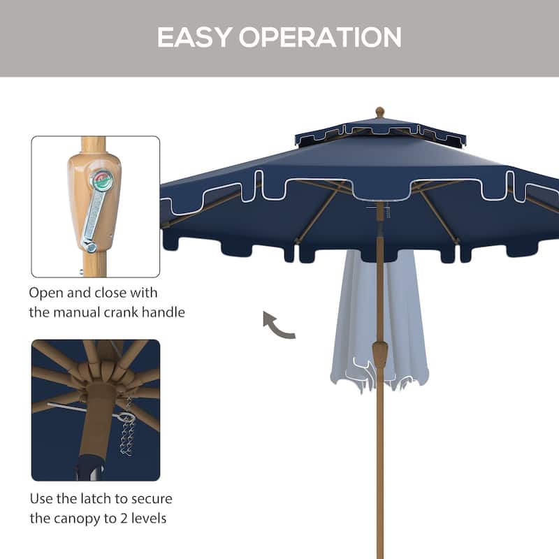 9' Umbrella with Push Button Tilt and Crank,Double Top Ruffled,8 Ribs
