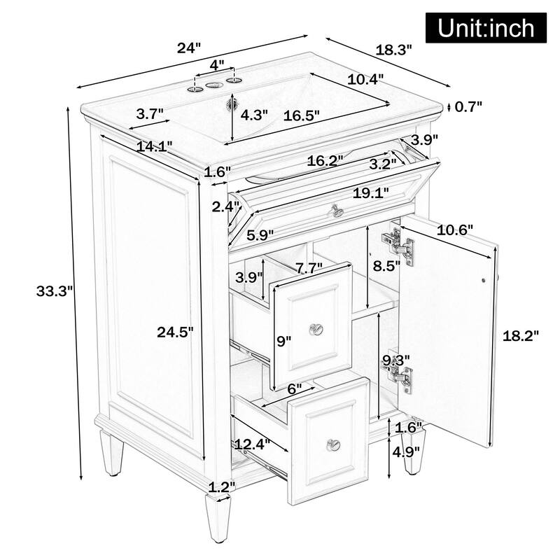 24" Bathroom Vanity with Sink, Bathroom Vanity Cabinet with One Flip Drawer and Two Drawers, Adjustable Shelf