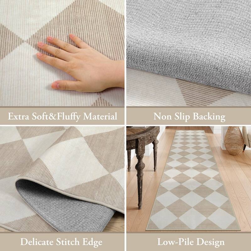 Checkered Long Hallway Runner Rug Non Slip, Beige