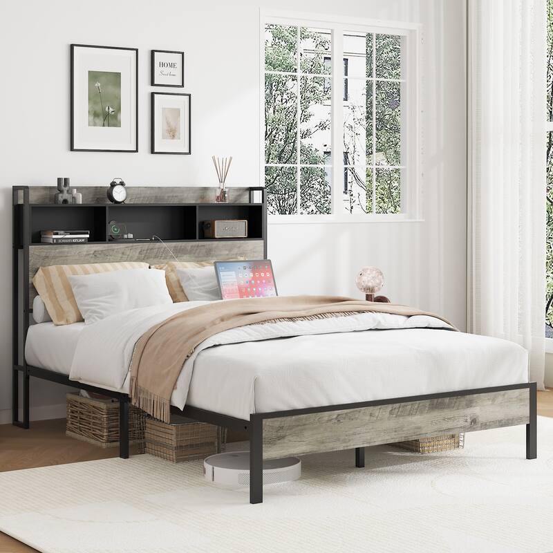 Wood Platform Bed with Storage and 2 USB,No Noise - Full
