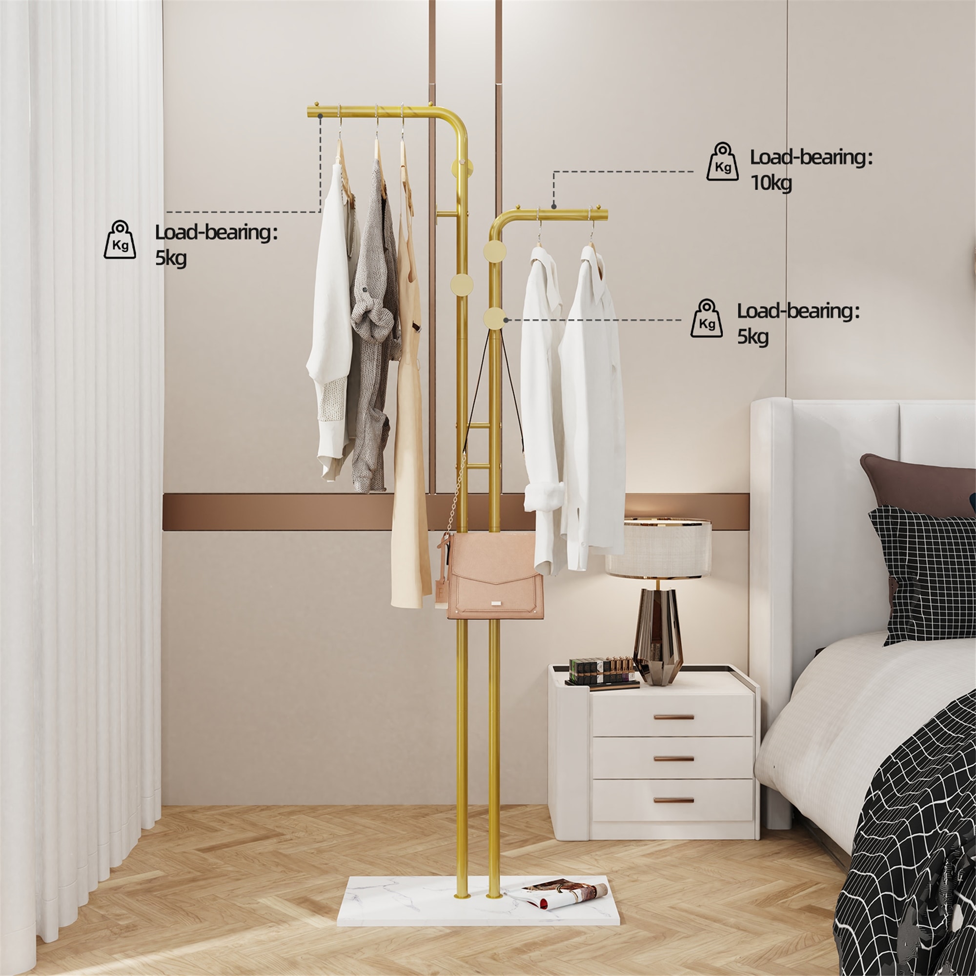 Bedroom Dress Hook Stand Freestanding Clothes Stand Gold Metal Garment Rack  W/Hooks For