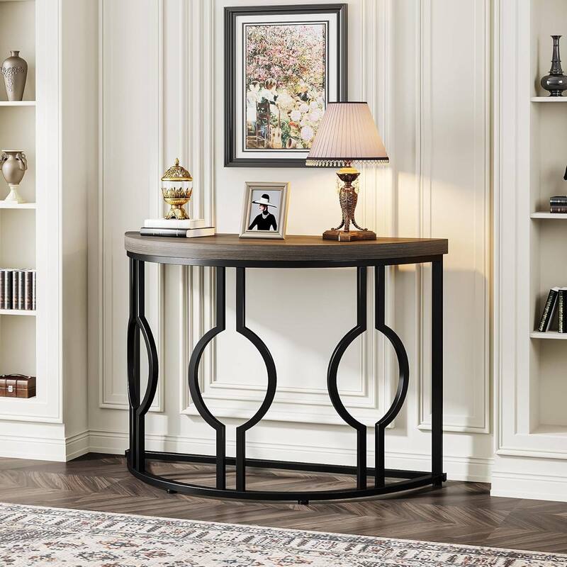 Wood Metal Half Moon Accent Sofa Table with Retro Finish Frame - 13.77"W x 43.3"L x 31.49"H