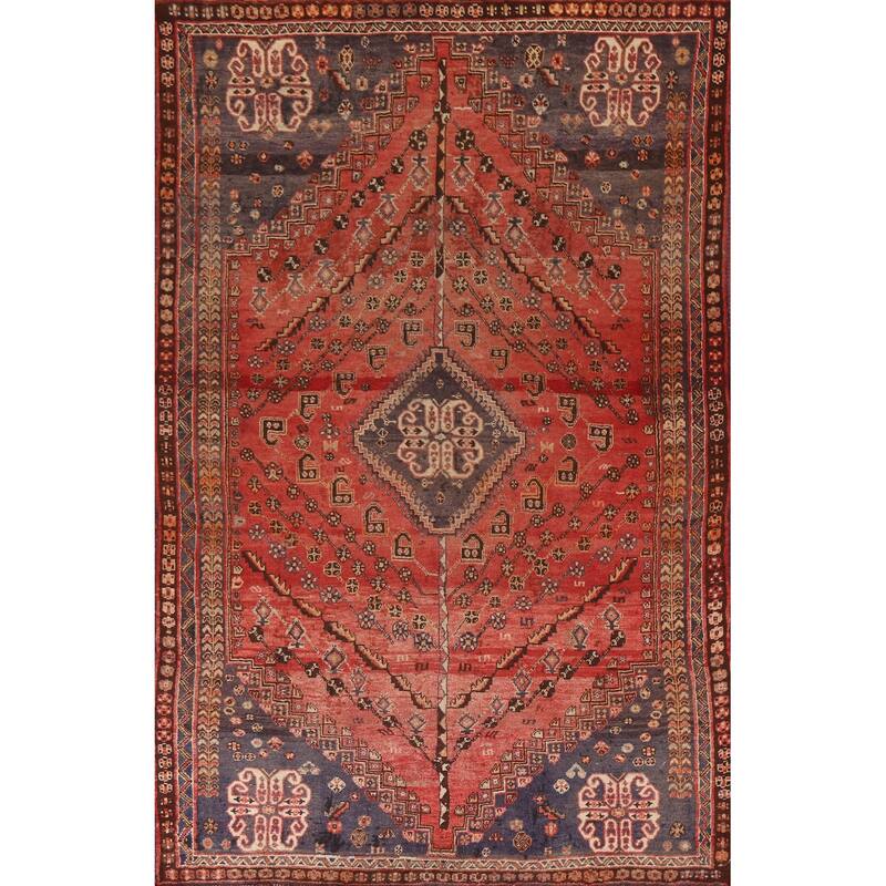 Red Qashqai Persian Antique Area Rug Handmade Wool Carpet - 5'1"x 8'2"