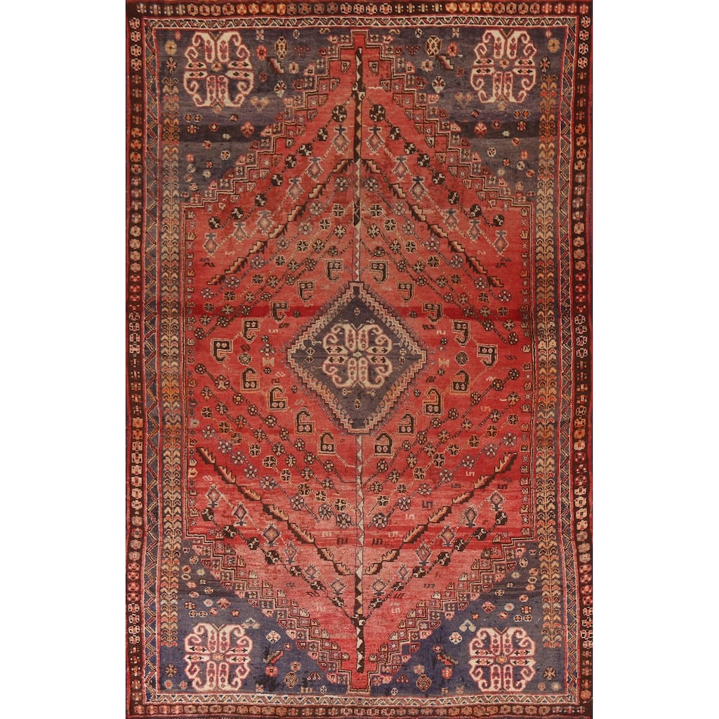 Red Qashqai Persian Antique Area Rug Handmade Wool Carpet - 5'1"x 8'2"