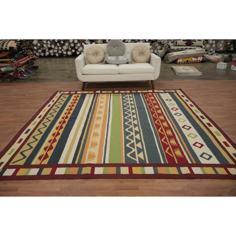 Hand Woven Oriental 100% Wool Carpet Southwestern Modern Multi-Colored Kilim Area Rug - 8' 5'' X 8' 3''