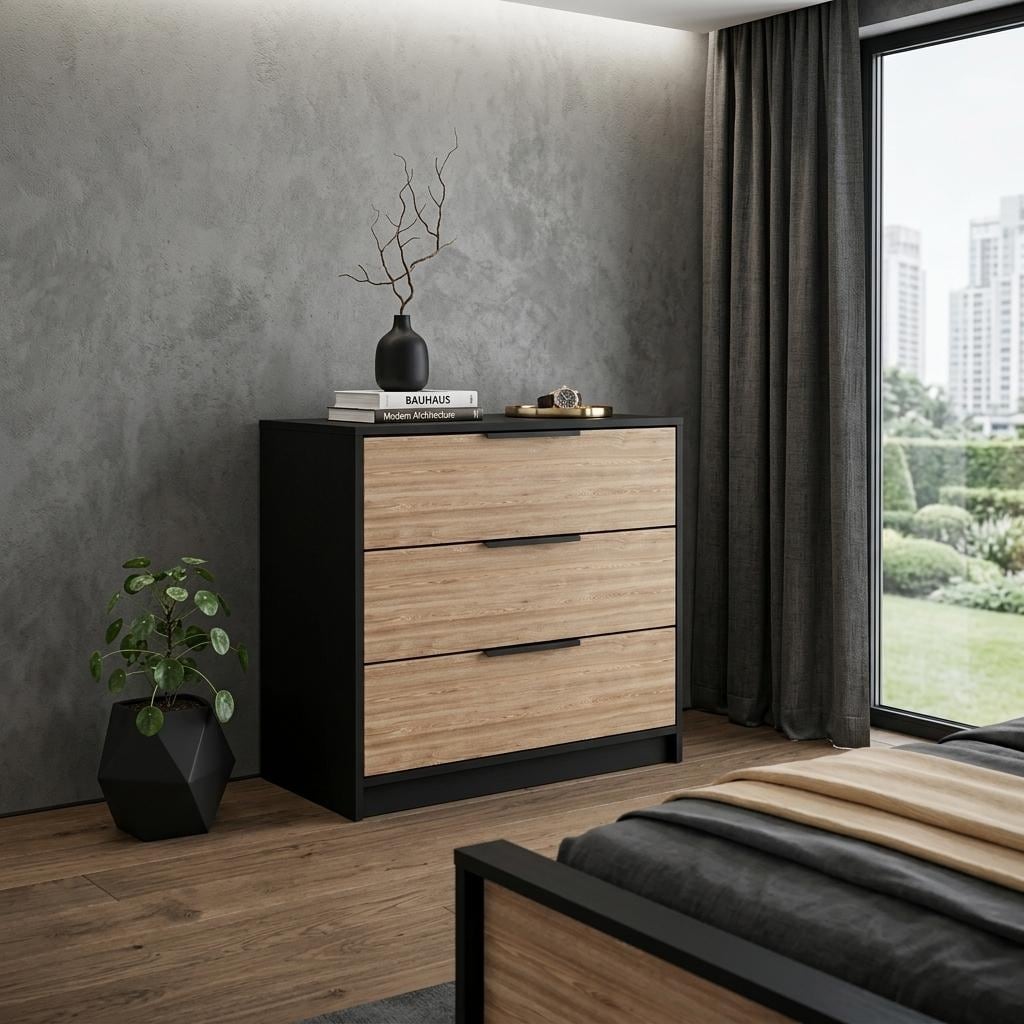 HomeRoots 28" Natural And Black Wood Three Drawer Dresser