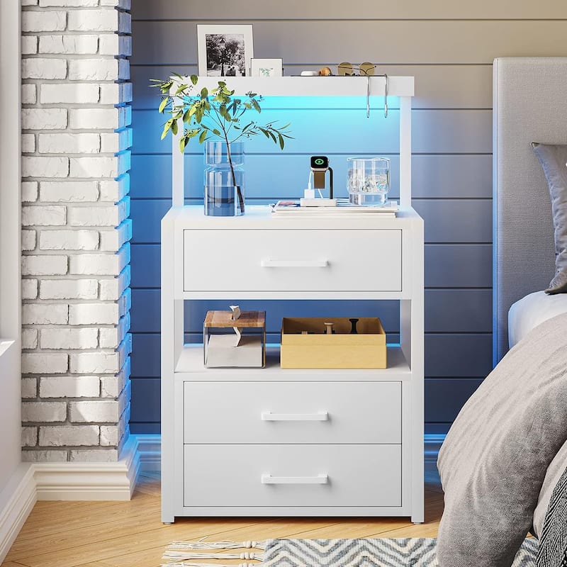 Nightstand Charging Station LED Lights End Table 3 Drawers