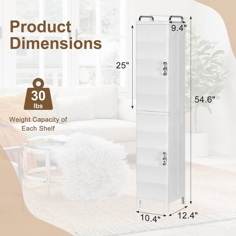 VECELO White Waterproof Plastic Bathroom Storage Cabinet with Adjustable Shelves Space Saving Narrow Cabinet with Handles