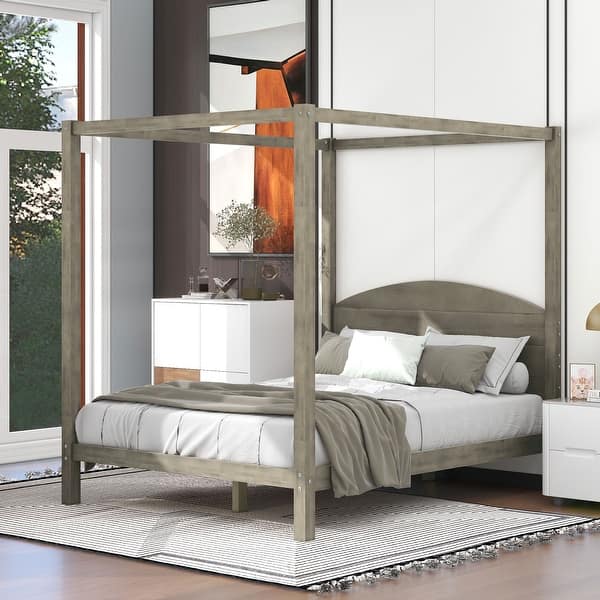 slide 2 of 29, King /Queen Size Canopy Platform Bed with Headboard and Support Legs, Grey/Brown Queen Size Brown