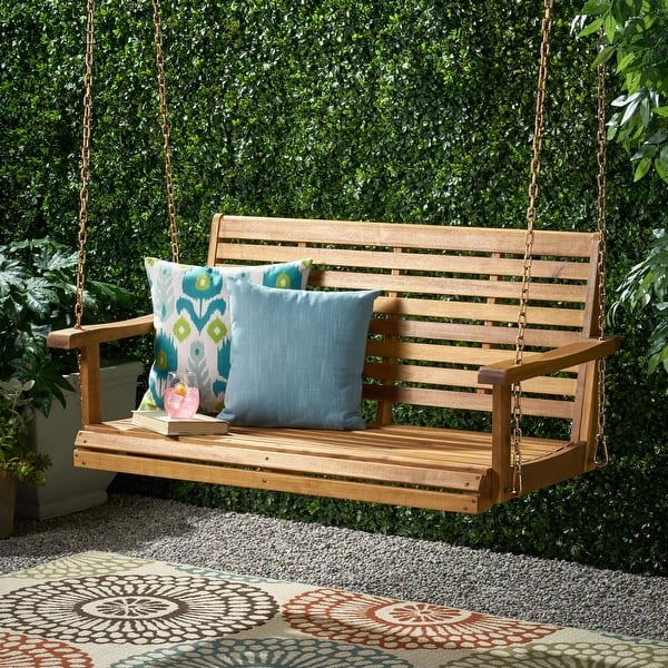 slide 2 of 18, Tasmania Outdoor Aacia Wood Porch Swing by Christopher Knight Home Teak Finish