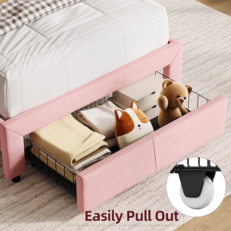 Twin Bed Frames for Kids, Velvet Upholstered Platform Bed Frames with Drawer and Bookcase Headboard, Girls Boys Bed