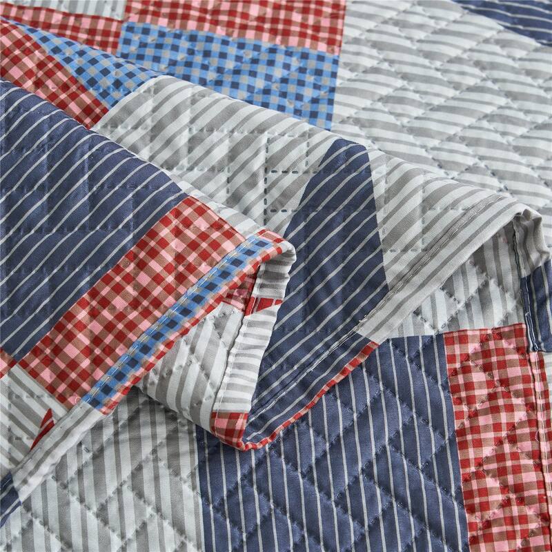 3-PC Quilt Set Patriotic Americana Stars and Plaid Patchwork Blanket with 2 Shams