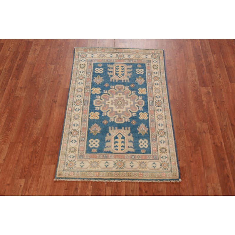 Blue Kazak Foyer Rug Handmade Traditional Geometric Wool Carpet - 2'7"x 3'11"