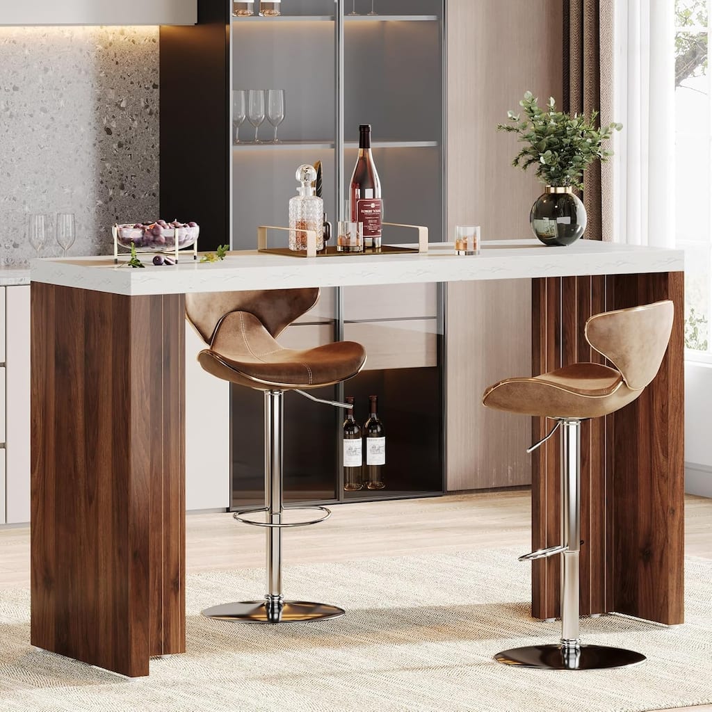 56" Modern Home Bar Table with Faux Marble Top, Walnut & White