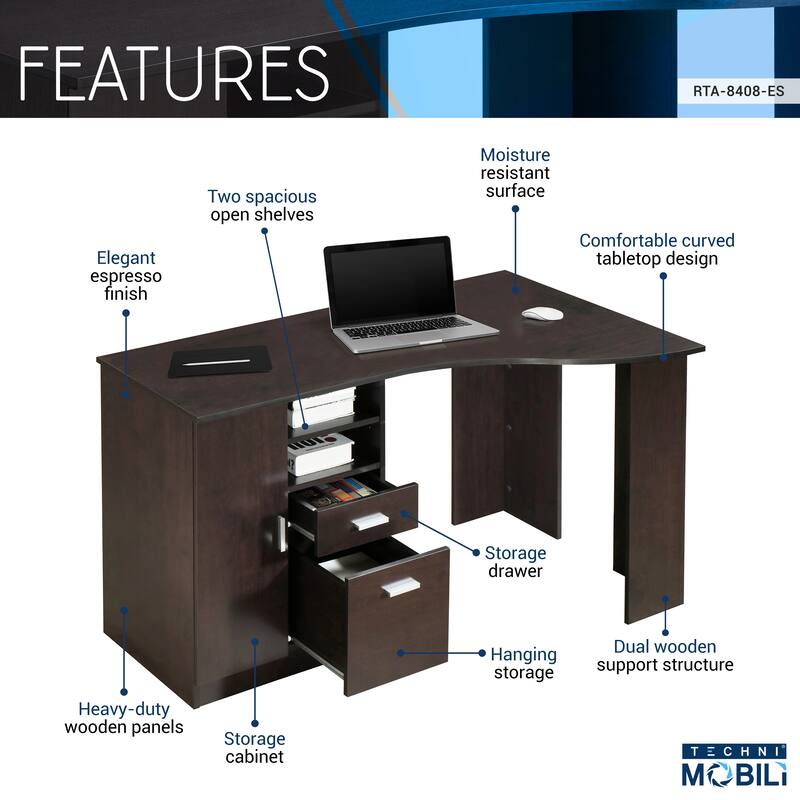 Techni Mobili Techni Mobili Classic Office Desk with Storage, Espresso
