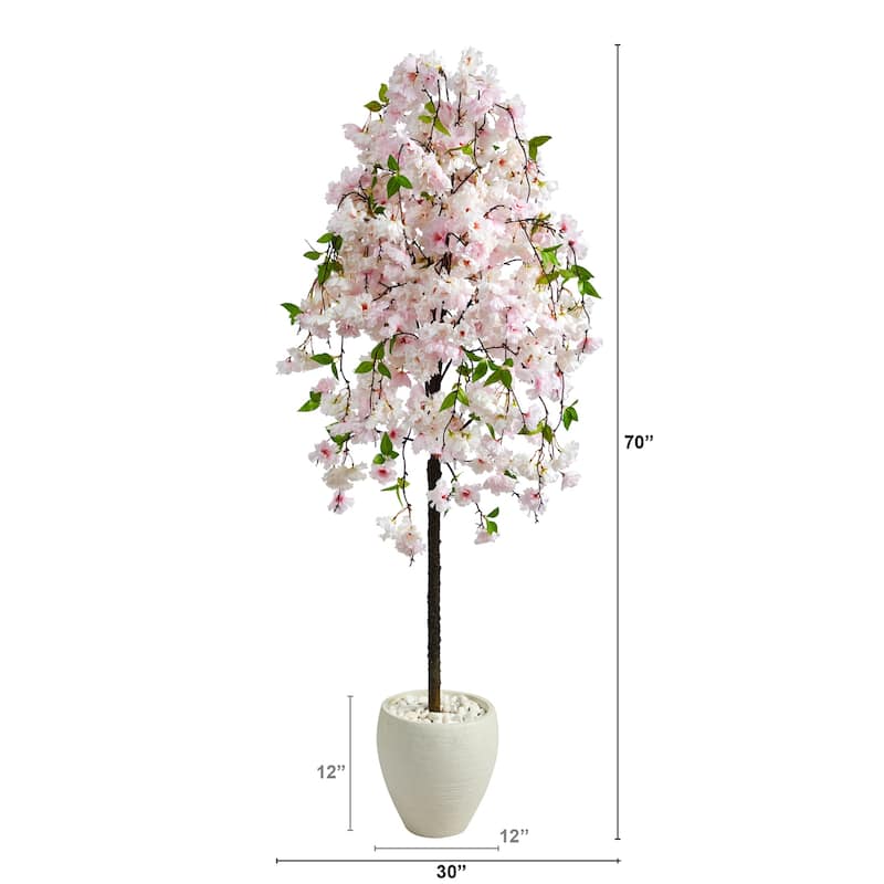 Artificial Cherry Blossom Tree 70 Inch Indoor Plant with Planter, Decorative Silk Tree for Home Office Decor