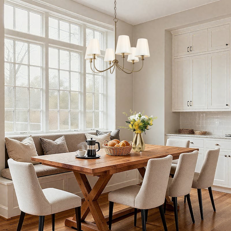 Bella Mid-century Modern Gold 6-Light Chandelier with Fabric Shade for Dining Living Room - D27"x H 24.5"