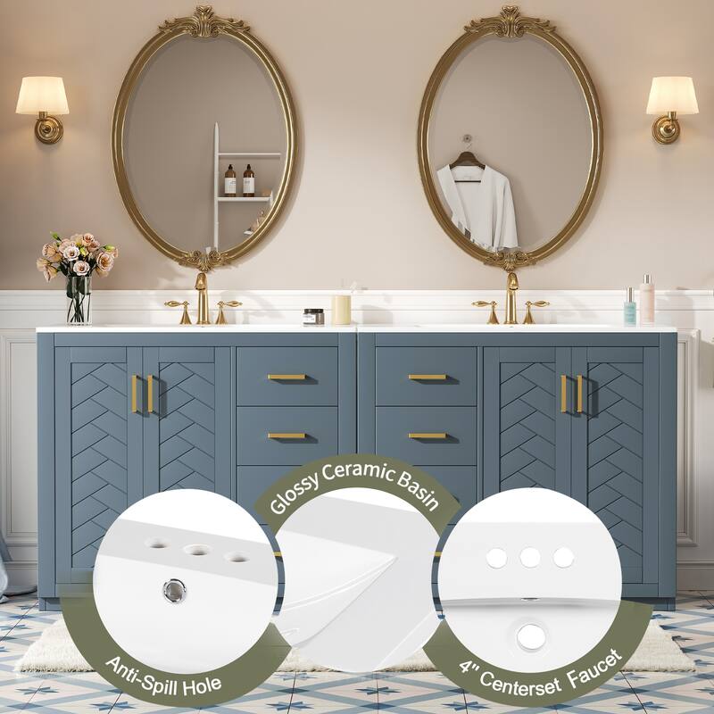 Roomfitters 72" Freestanding Bathroom Vanity with Ceramic Sink, Wood Double Sink Storage Cabinet with Soft Close Drawers
