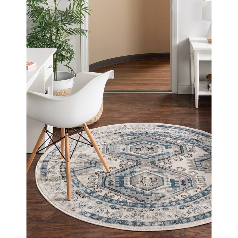 Contemporary Corbin Collection Area Rug - 5'3" Round - Ivory Aqua