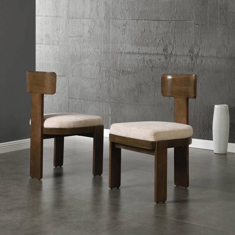 Set of 2 Side Dining Chairs with Rubber Wood Legs - Light Brown+Beige