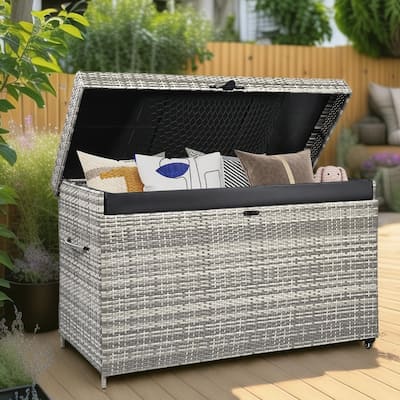 200 Gallon Wicker Deck Box with Wheels,All-Weather Outdoor Storage Box,Rattan Storage Bin
