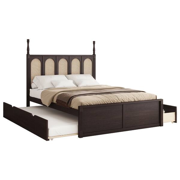 slide 2 of 14, Mid-Century Rattan Bed Trundle Platform Bed Queen Wood Bed Frame and Twin Size Trundl with 2 Drawer Underneath, Classic Espresso Espresso - Queen