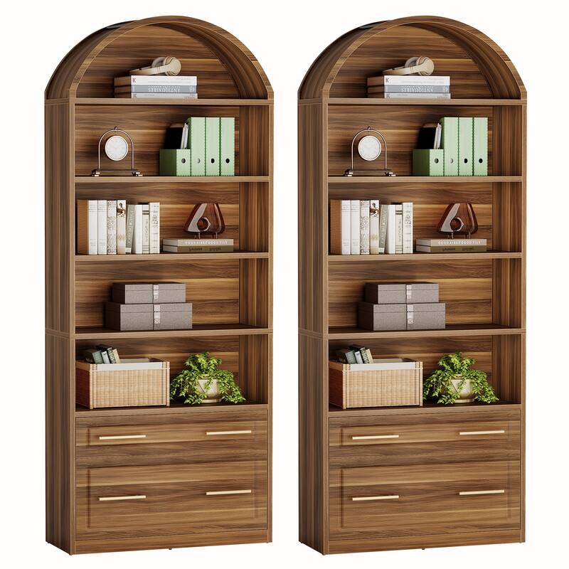 76.8" Tall Arched Bookcase, 5-Tier Modern Bookshelf with File Cabinet Drawer - 2Pack-Brown