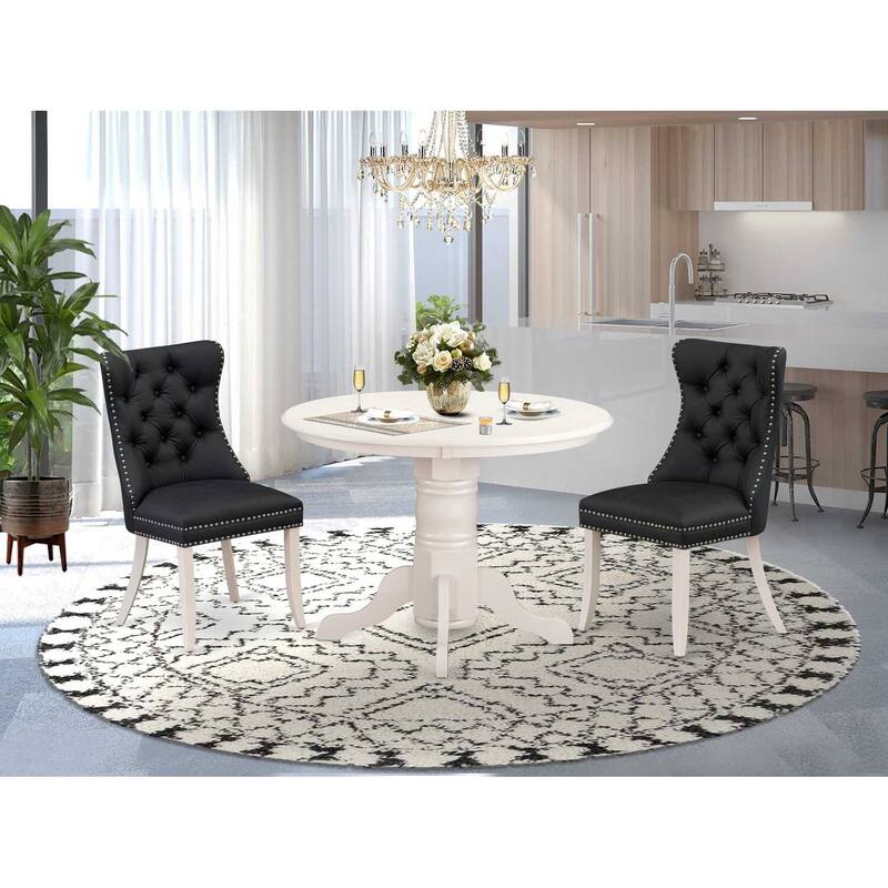 3-Piece Linen white Solid Wood Top - Round Upholstered Dining Room Set - Seats 4