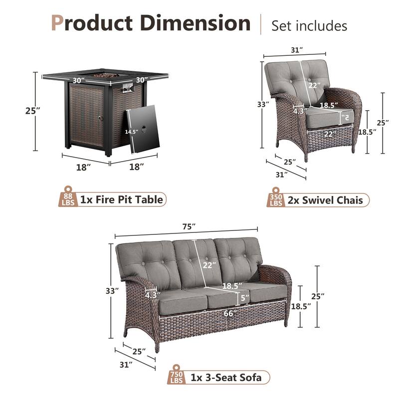 Pocassy Outdoor 30 In Fire Table with Sofa Patio Swivel Chair Set