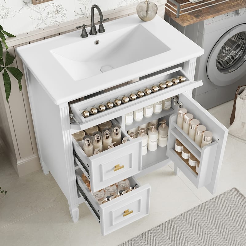 Freestanding Bathroom Cabinet,Tilt-Out Laundry Hamper,Adjustable Shelf - White