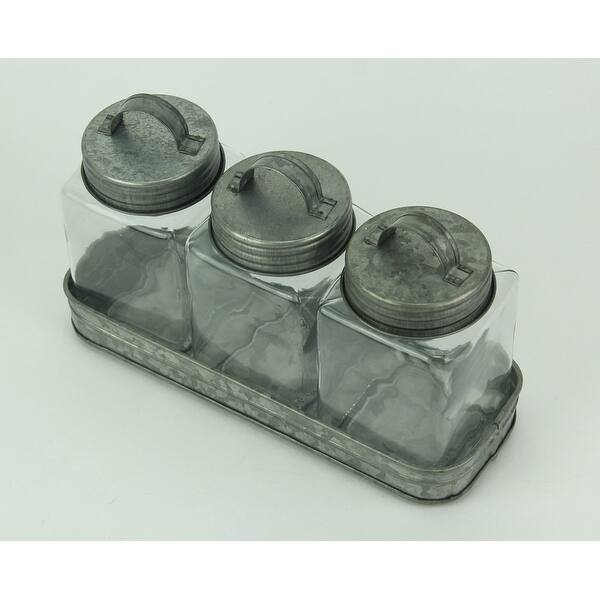 Shop Rustic Farmhouse Metal Tray With 3 Lidded Glass Storage Canisters 6 75 X 11 5 X 4 Inches Overstock 21534671