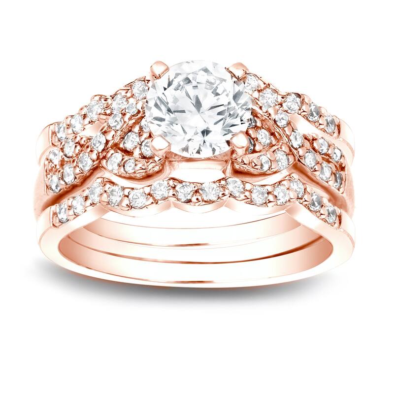 Auriya 1 1/6ctw Braided Round Diamond Engagement Ring 3pc Set 14k Gold - Rose - 7.5