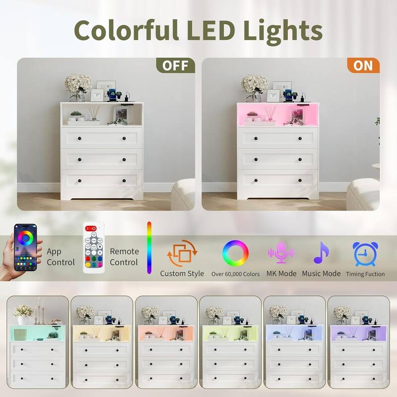 3 Drawer Dresser for Bedroom with Charging Station & LED Lights