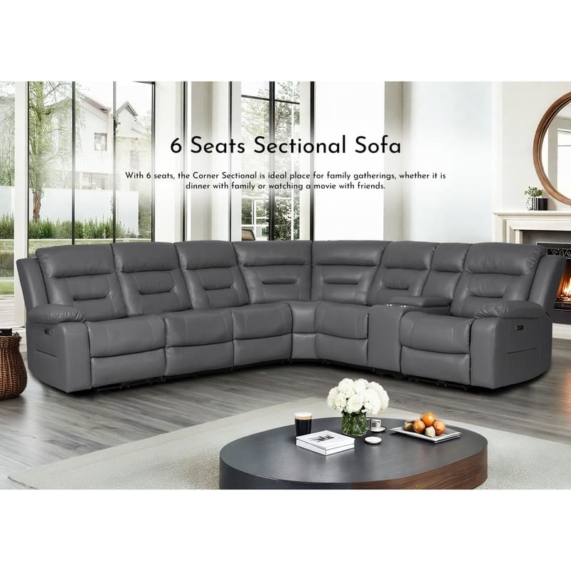 119'' Faux Leather Power Recliner 6-Seat Large Sectional Reclining Sofa with USB Port