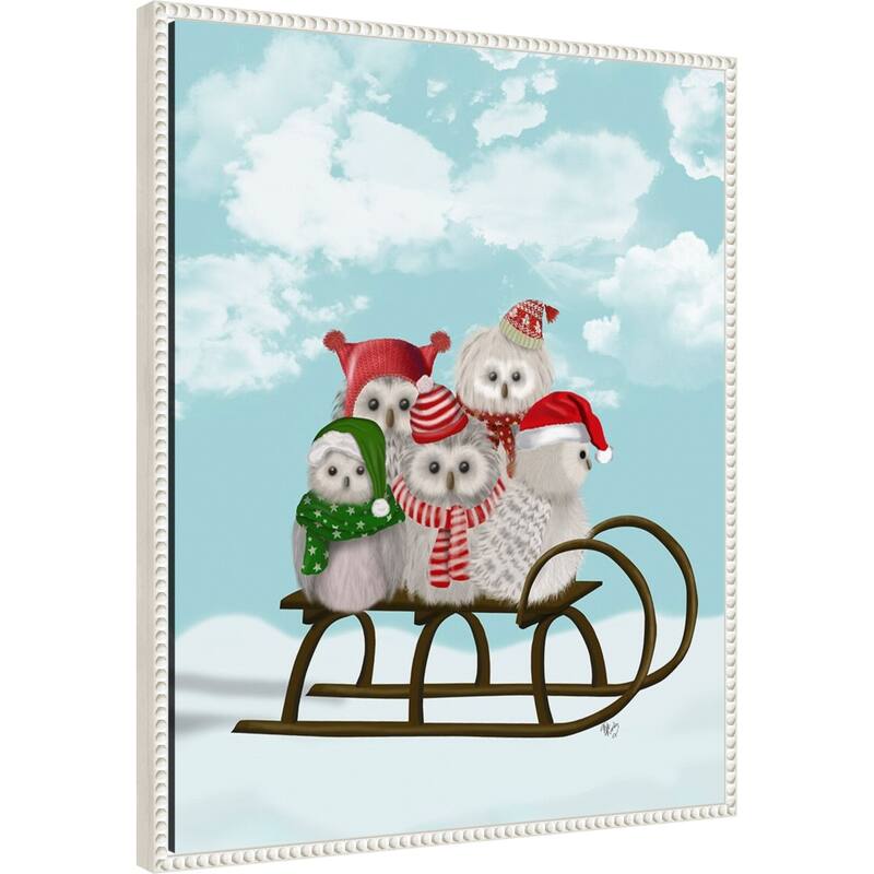 Christmas Christmas Owl Sled by Fab Funky (23 x 28 in.), Framed Canvas Wall Art Print - Sylvie Beaded White