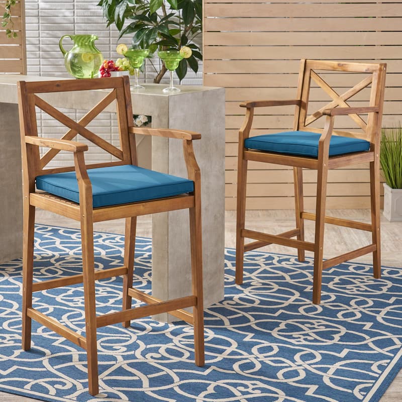 Roomfitters 2-Piece Outdoor Acacia Wood Bar Stools with Armrests and Cushions, X-Back Patio High Dining Chairs