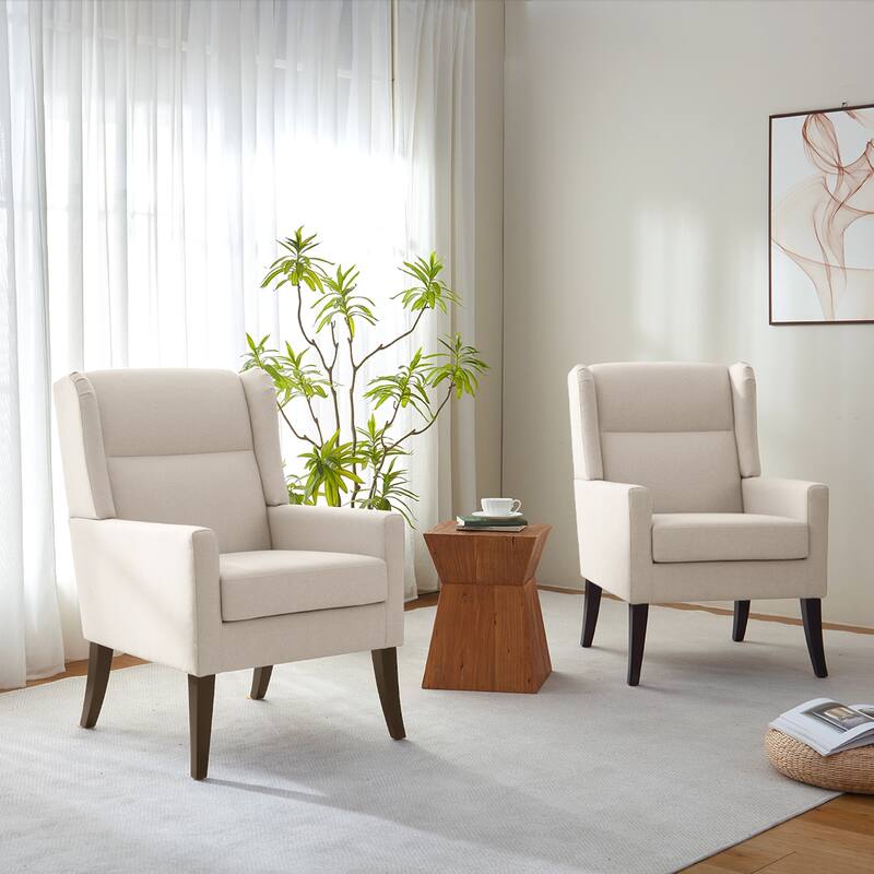 Set of 2 Modern Upholstered Accent Chairs with High Back and Wooden Legs – Grey/Beige/Brown