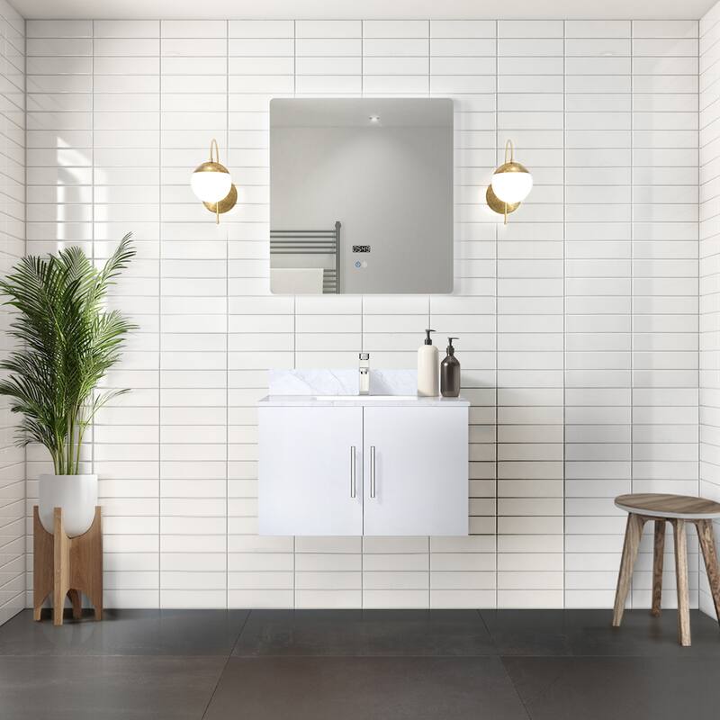 Geneva 30 in. W x 22 in. D Dark Grey Bath Vanity, Carrara Marble Top, and 30 in. LED Mirror