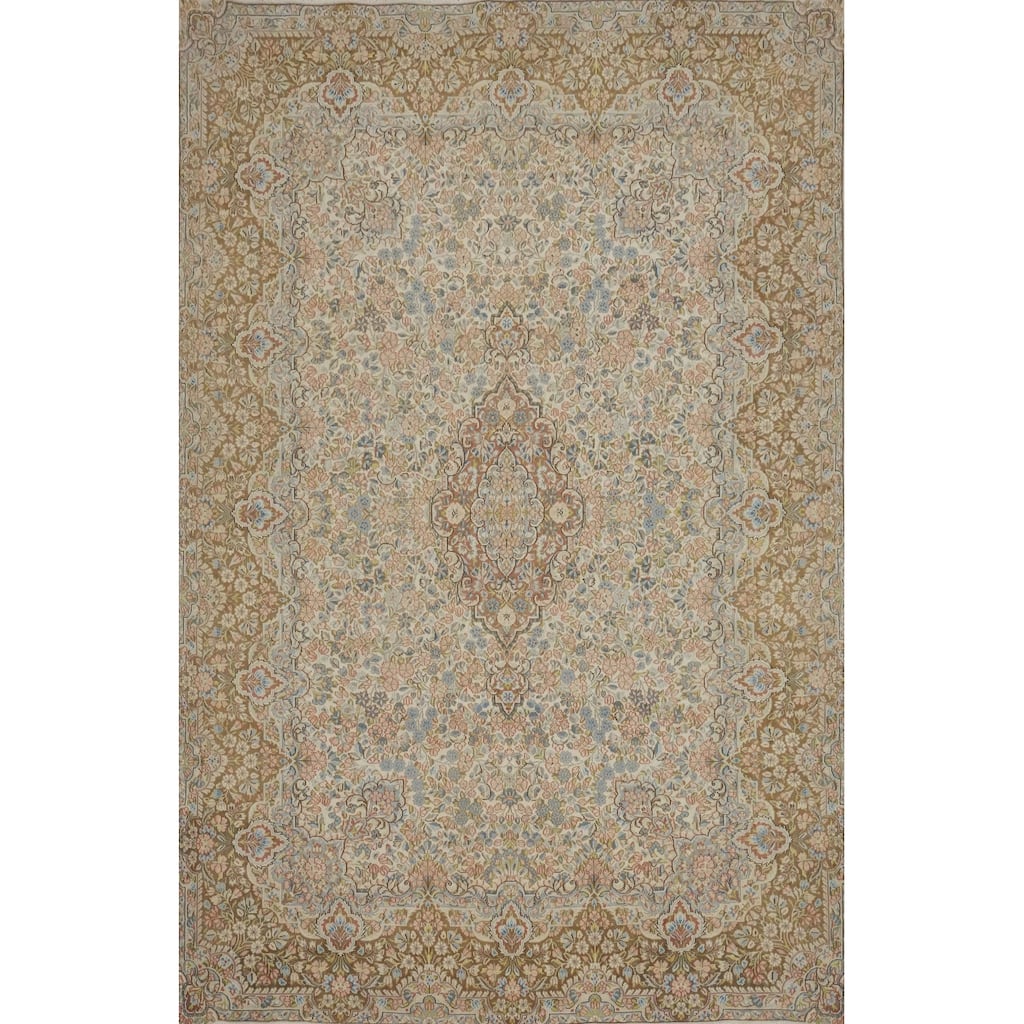 Hand Knotted Oriental 100% Wool Carpet Traditional Floral Beige & Ivories Kerman Area Rug - 11' 2'' X 7' 9''