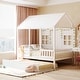preview thumbnail 2 of 8, Full Size Playhouse Platform Bed with Trundle,Solid Wood House Shaped Bed Frame with Window and Roof,White
