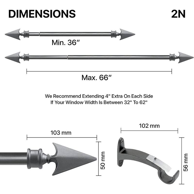 Deco Essential 3/4 Inch Curtain Rod for Windows & Doors Curtains Extendable Grey with Flat Arrow Finials & Brackets Set