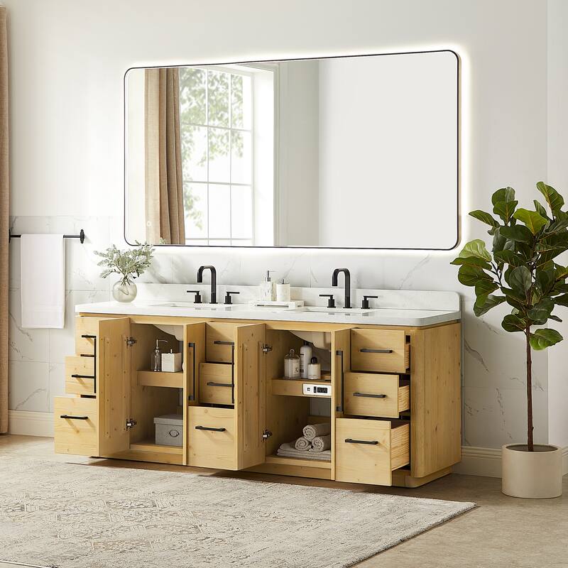 Serene Bathroom Vanity in Nature Brown with Grain White Engineered Stone Countertop with Mirror