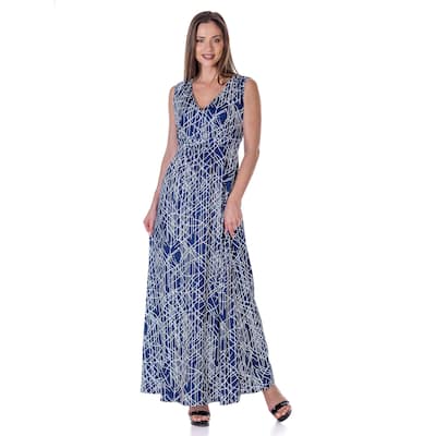 24seven Comfort Apparel Womens Navy Abstract Print V Neck Empire Waist Sleeveless Maxi Dress