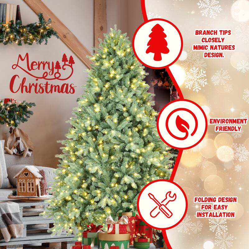 7FT Blue Pre-Lit Christmas Tree with 700 Warm White LED Lights-2518 PE+PVC Tips,Hinged Branches for Easy Setup