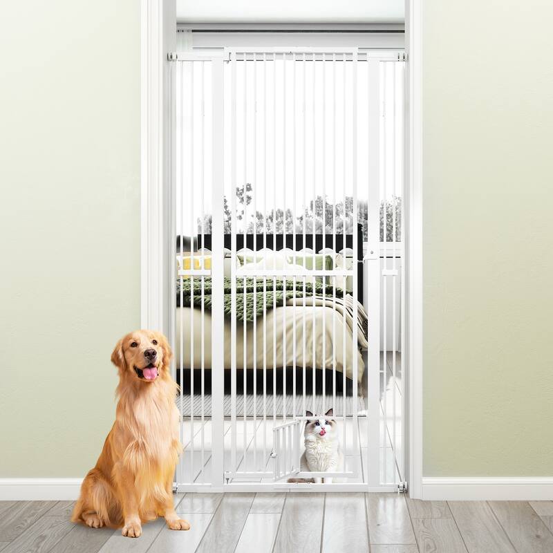 White Galvanized Metal Extra-Tall Adjustable Pet Gate with Safety Lock and Small Door