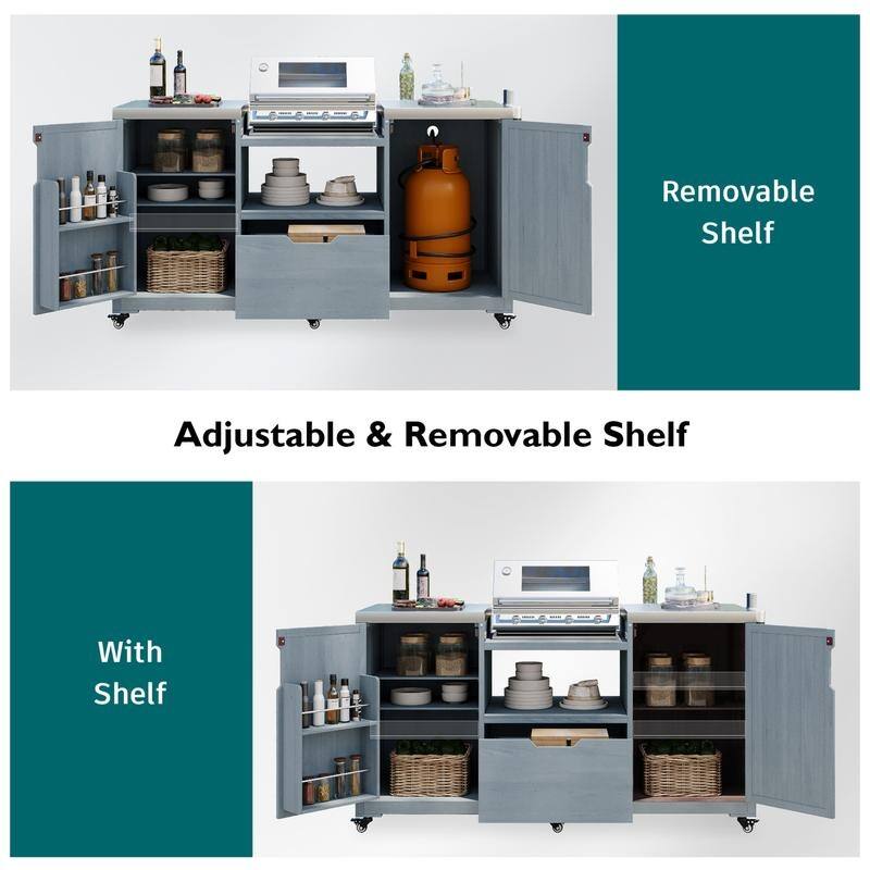 Outdoor Kitchen Island for Big Green Egg Grills, Solid Wood Outdoor Grill Cart w/Stainless Steel Top &Drawer, Patio Kitchen Cart