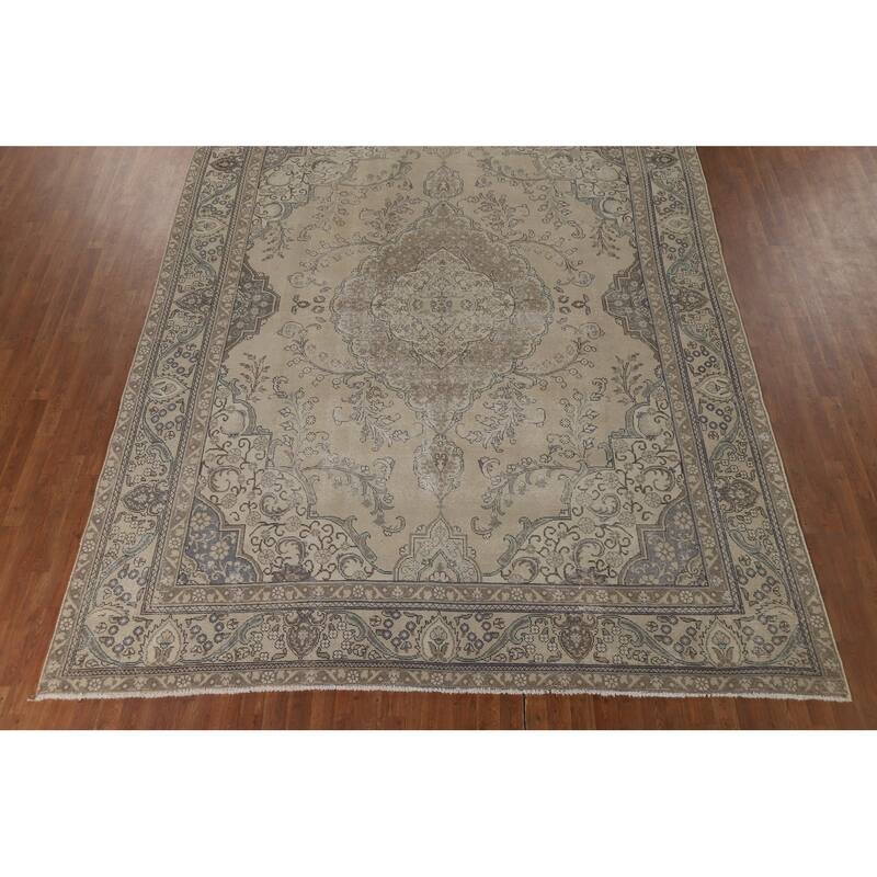 Distressed Tabriz Vintage Persian Rug Hand-Knotted Beige Wool Carpet - 9'6" x 12'8"